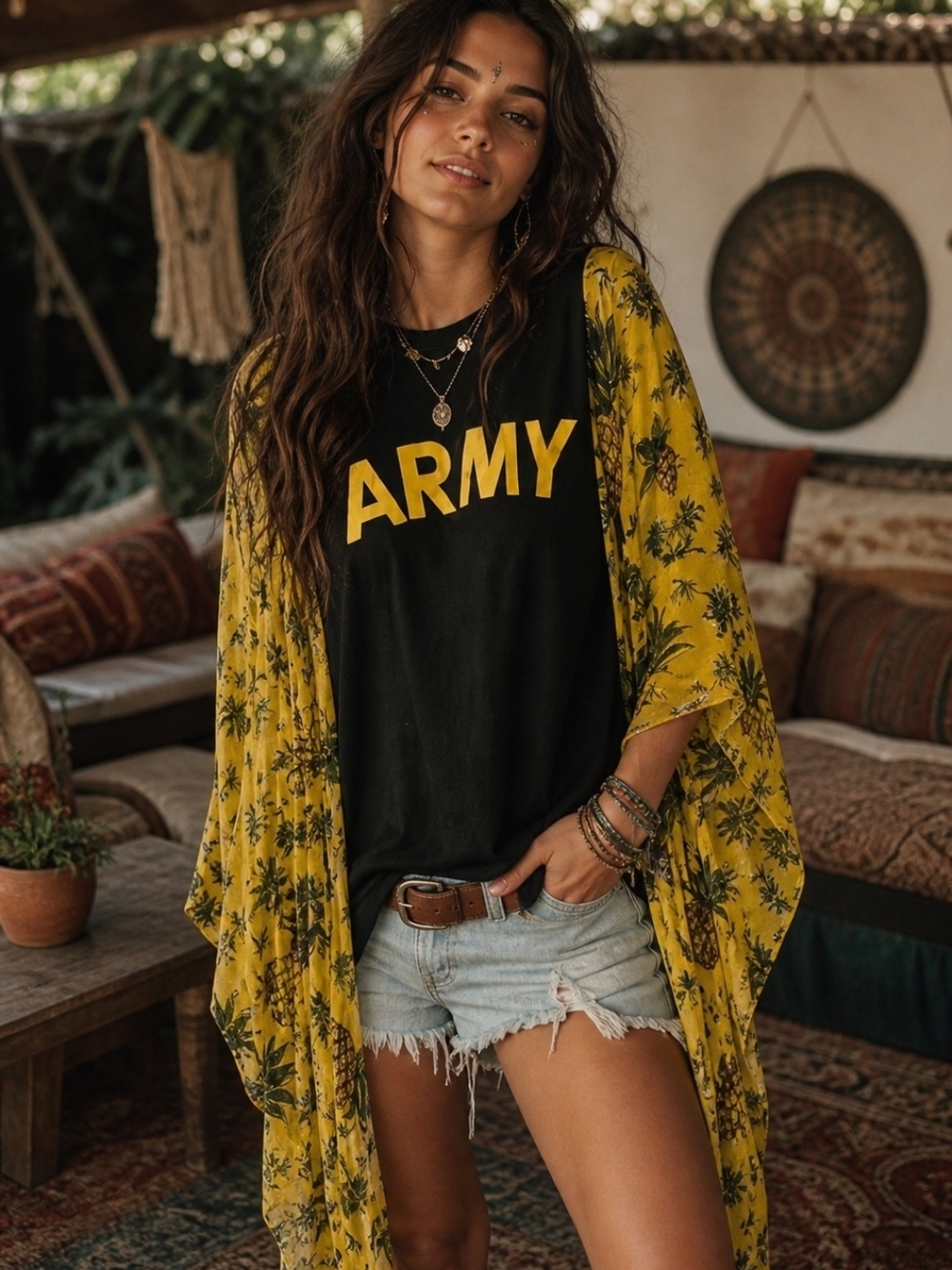 ARMY Graphic Black Tee Yellow Pineapple Kimono Open Sides,  OSFM